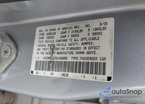 2005 Honda Accord 2.4 Lx из США, поврежденный, VIN 1HGCM56425A184885